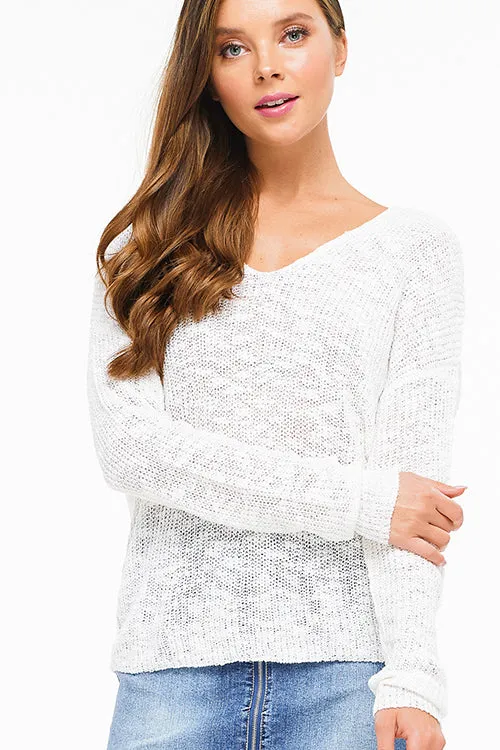 Ivory Knit Long Sleeve V Neck Knotted Sweater