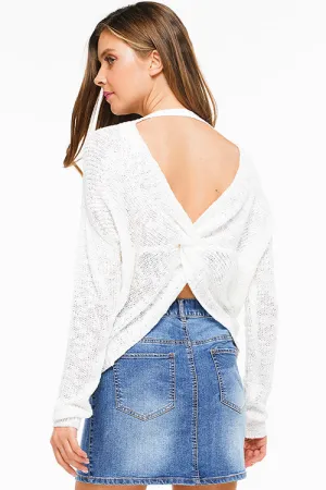 Ivory Knit Long Sleeve V Neck Knotted Sweater