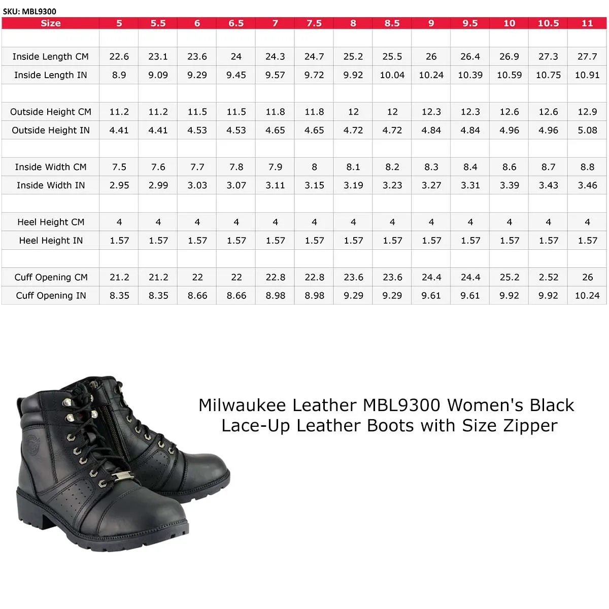 MBL9300 Women's Black Leather Lace-Up Motorcycle Rider Boots with Size Zipper