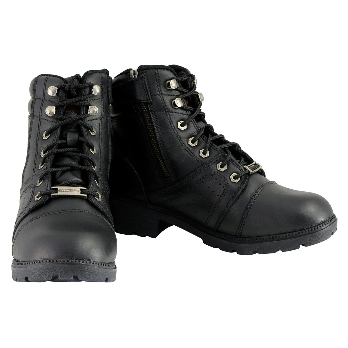 MBL9300 Women's Black Leather Lace-Up Motorcycle Rider Boots with Size Zipper