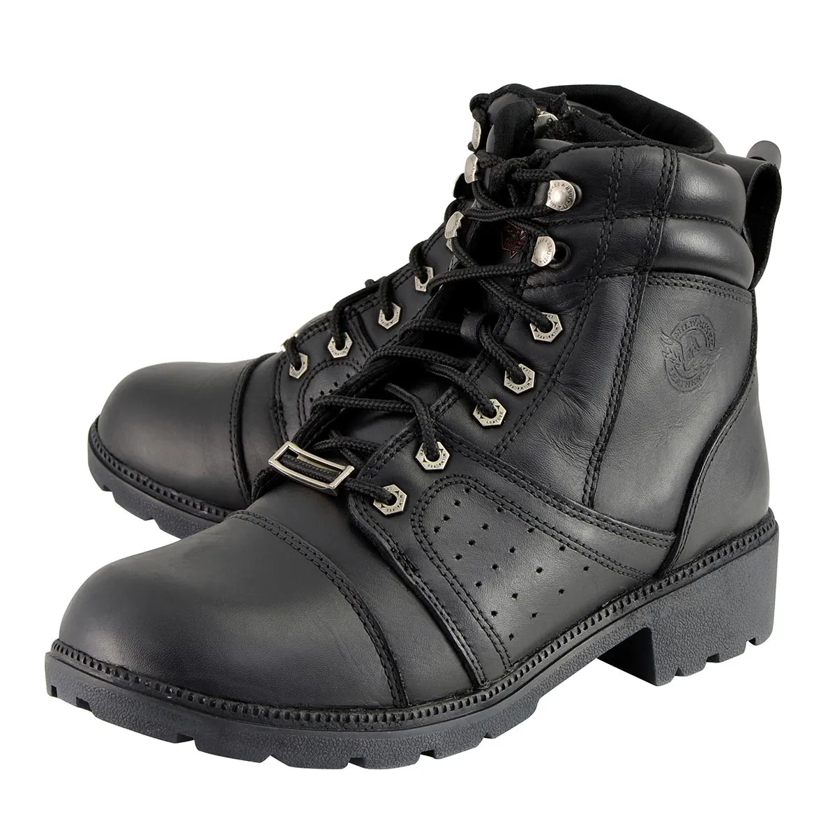 MBL9300 Women's Black Leather Lace-Up Motorcycle Rider Boots with Size Zipper