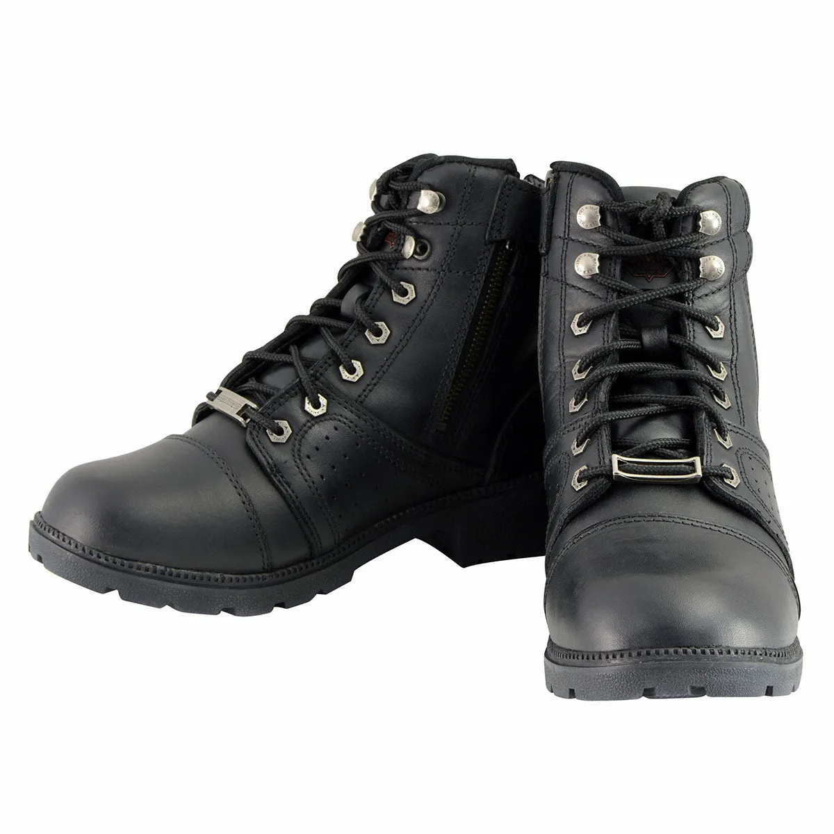 MBL9300 Women's Black Leather Lace-Up Motorcycle Rider Boots with Size Zipper