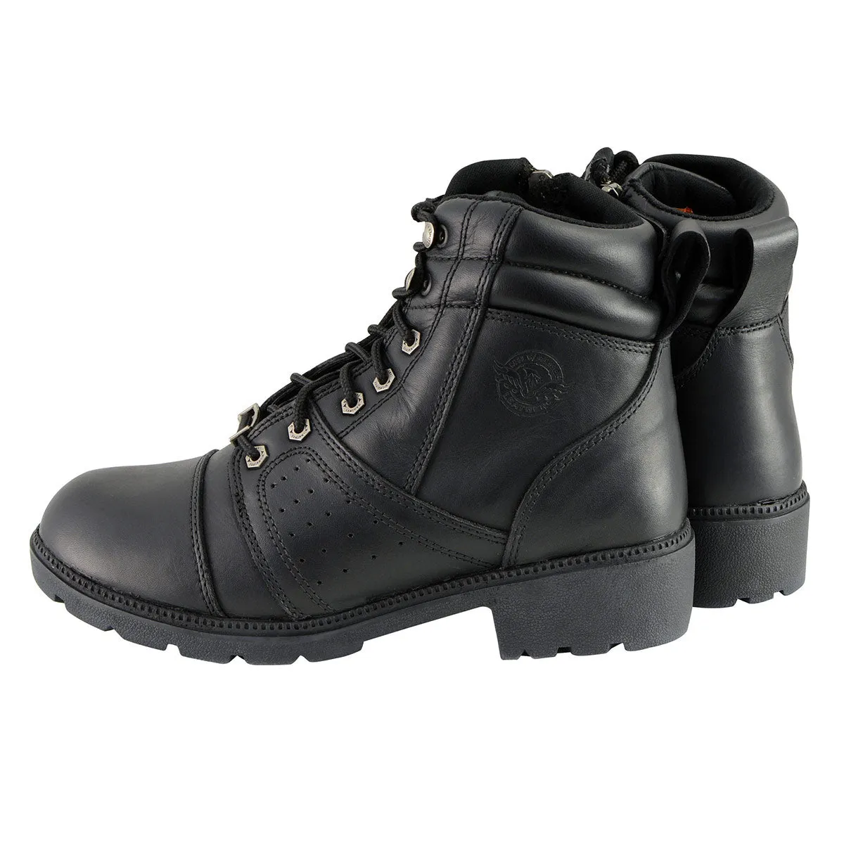 MBL9300 Women's Black Leather Lace-Up Motorcycle Rider Boots with Size Zipper