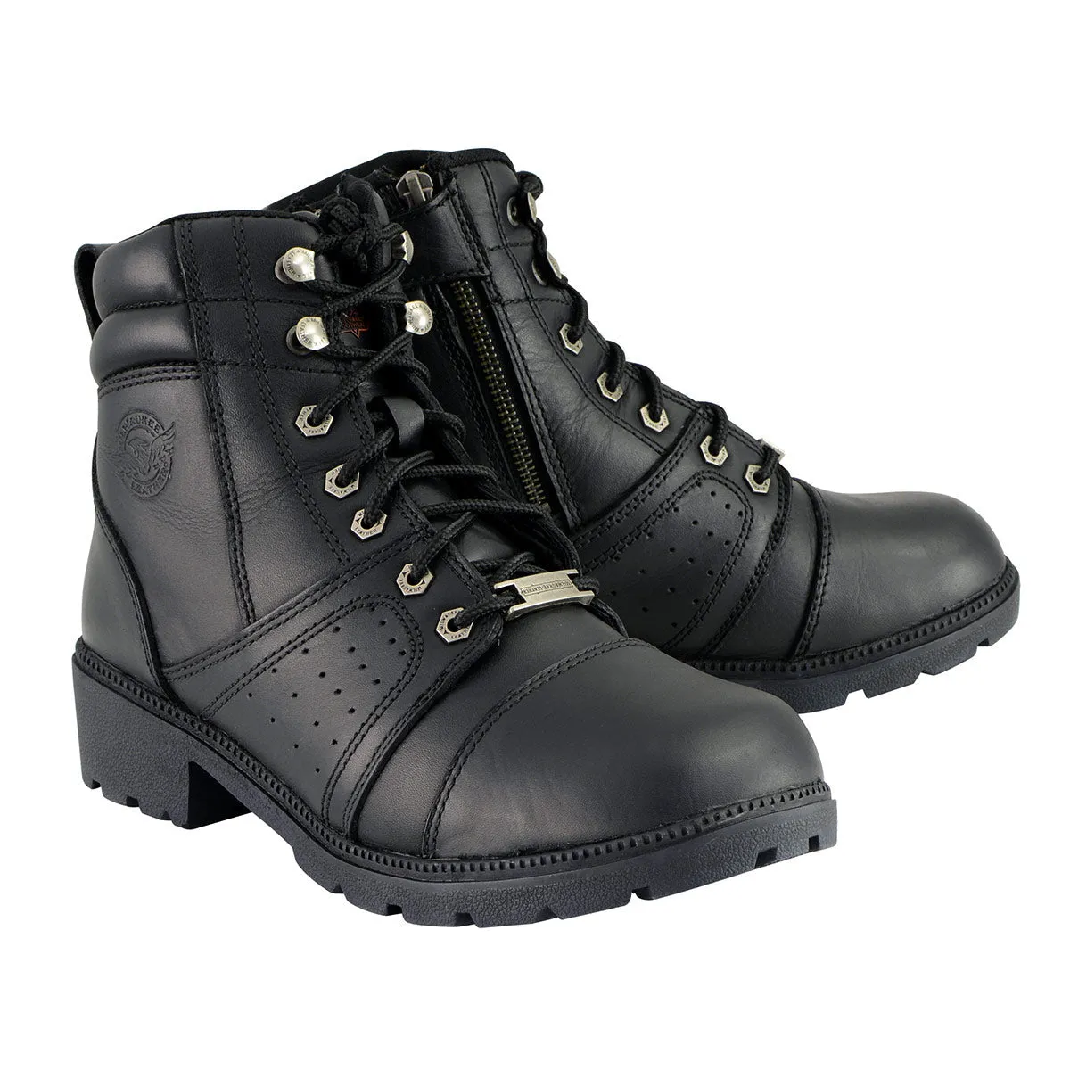 MBL9300 Women's Black Leather Lace-Up Motorcycle Rider Boots with Size Zipper