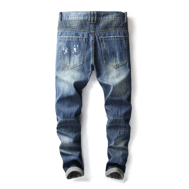 Men's Mid Waist Straight Pants Motorcycle Nostalgic Jeans