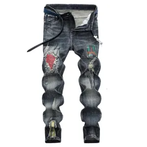 Motorcycle Jeans Mid Waist Straight Pants Men's Ripped Jeans