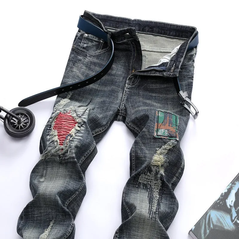 Motorcycle Jeans Mid Waist Straight Pants Men's Ripped Jeans