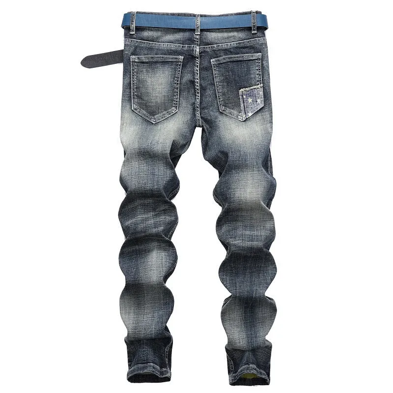 Motorcycle Jeans Mid Waist Straight Pants Men's Ripped Jeans