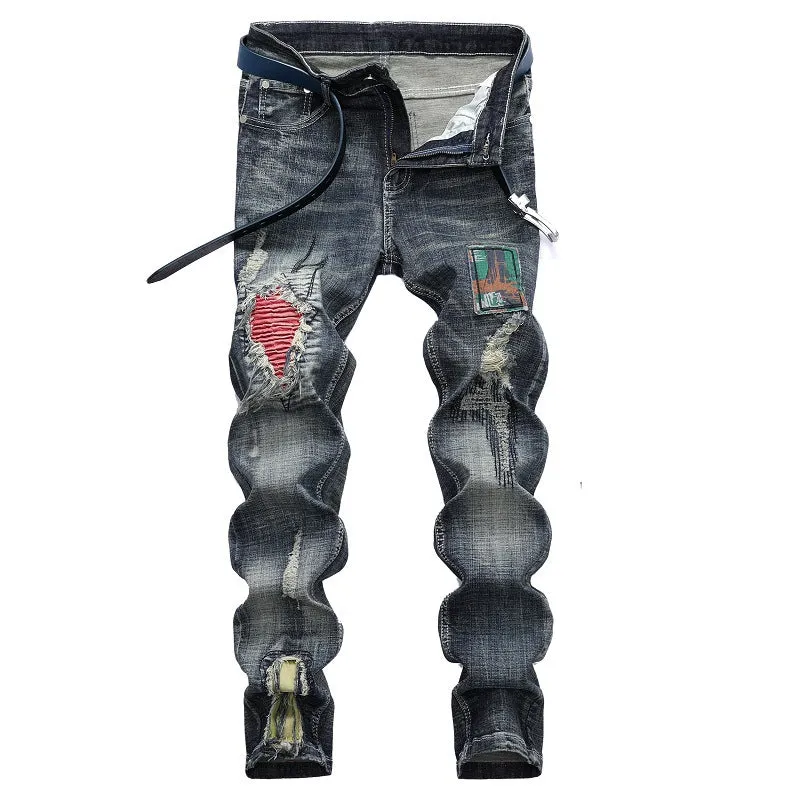 Motorcycle Jeans Mid Waist Straight Pants Men's Ripped Jeans