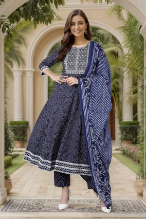 Navy Blue Rayon Blend Kurta Trousers With Dupatta VKSKD1478