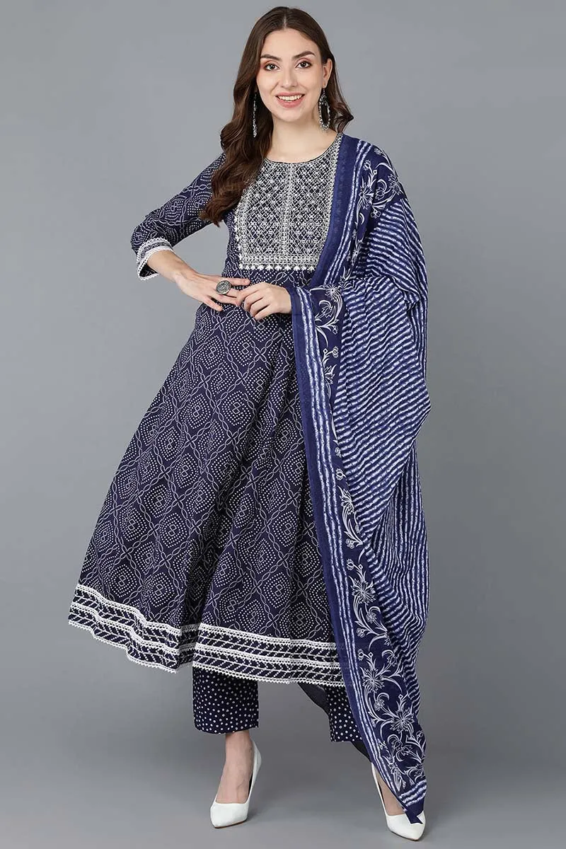 Navy Blue Rayon Blend Kurta Trousers With Dupatta VKSKD1478