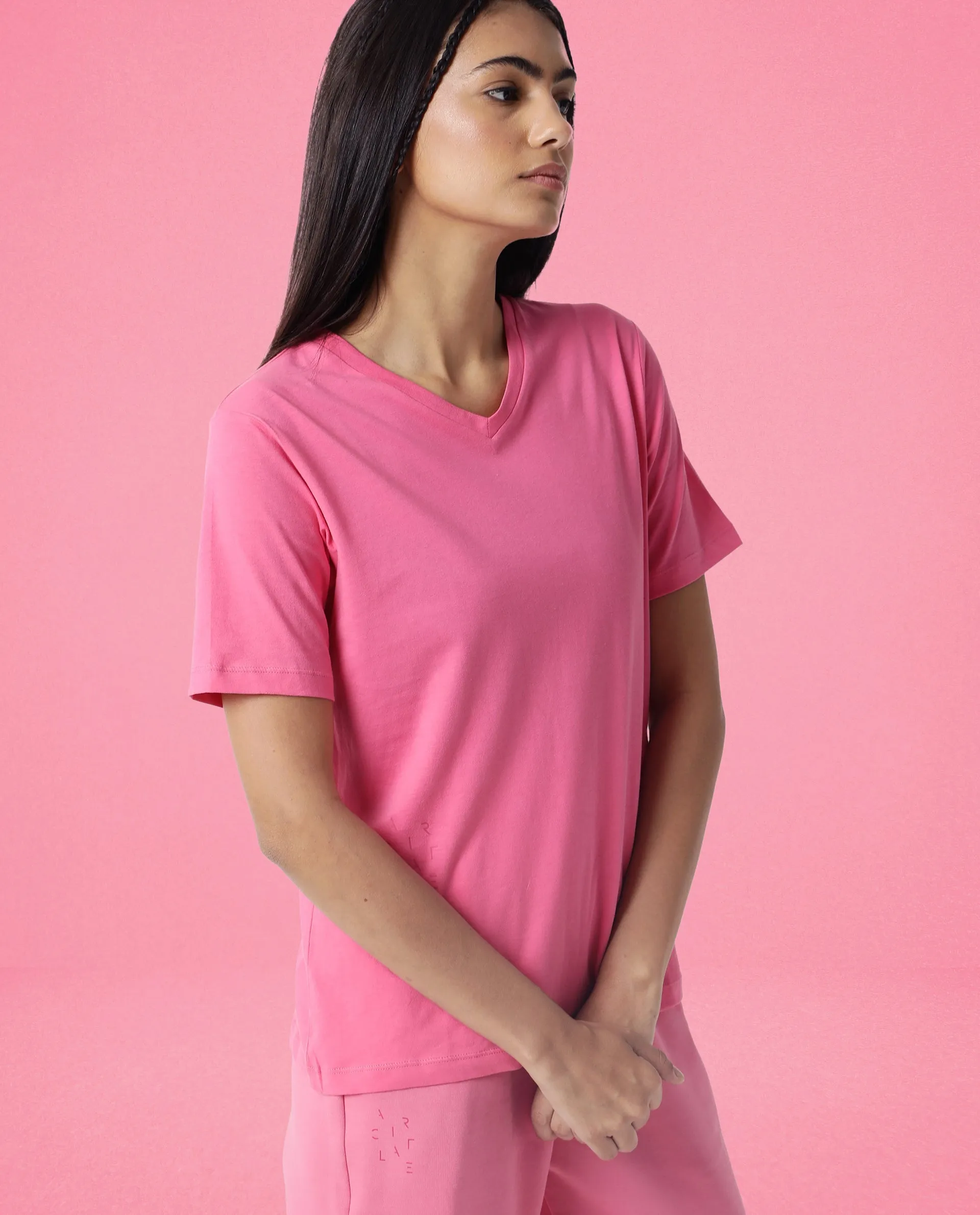 Rareism Women Arvi Flouroscent Pink Cotton Blend Fabric Regular Fit Half Sleeves Solid V-Neck T-Shirt