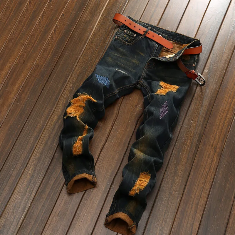 Tie-dye Men's Ripped Jeans Denim Mid Waisted Jeans Straight Pants