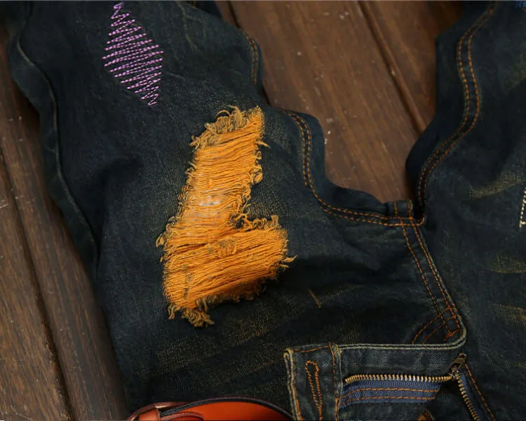 Tie-dye Men's Ripped Jeans Denim Mid Waisted Jeans Straight Pants