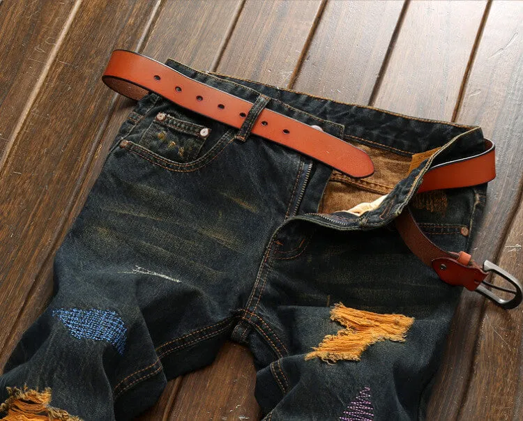 Tie-dye Men's Ripped Jeans Denim Mid Waisted Jeans Straight Pants