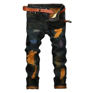 Tie-dye Men's Ripped Jeans Denim Mid Waisted Jeans Straight Pants
