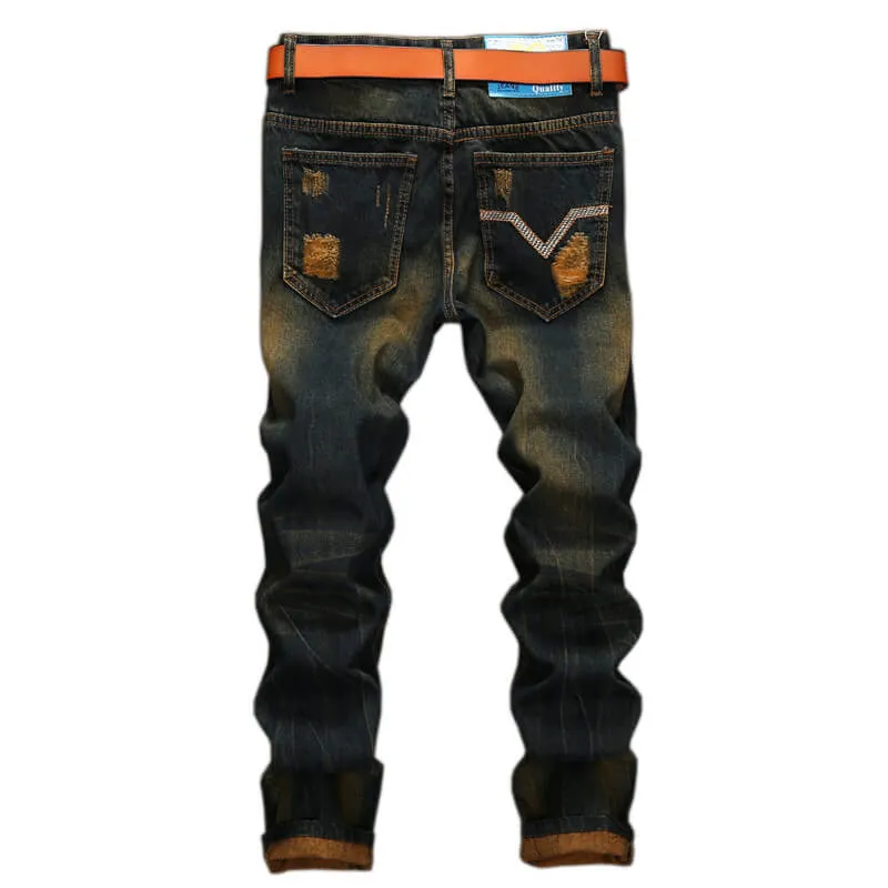 Tie-dye Men's Ripped Jeans Denim Mid Waisted Jeans Straight Pants