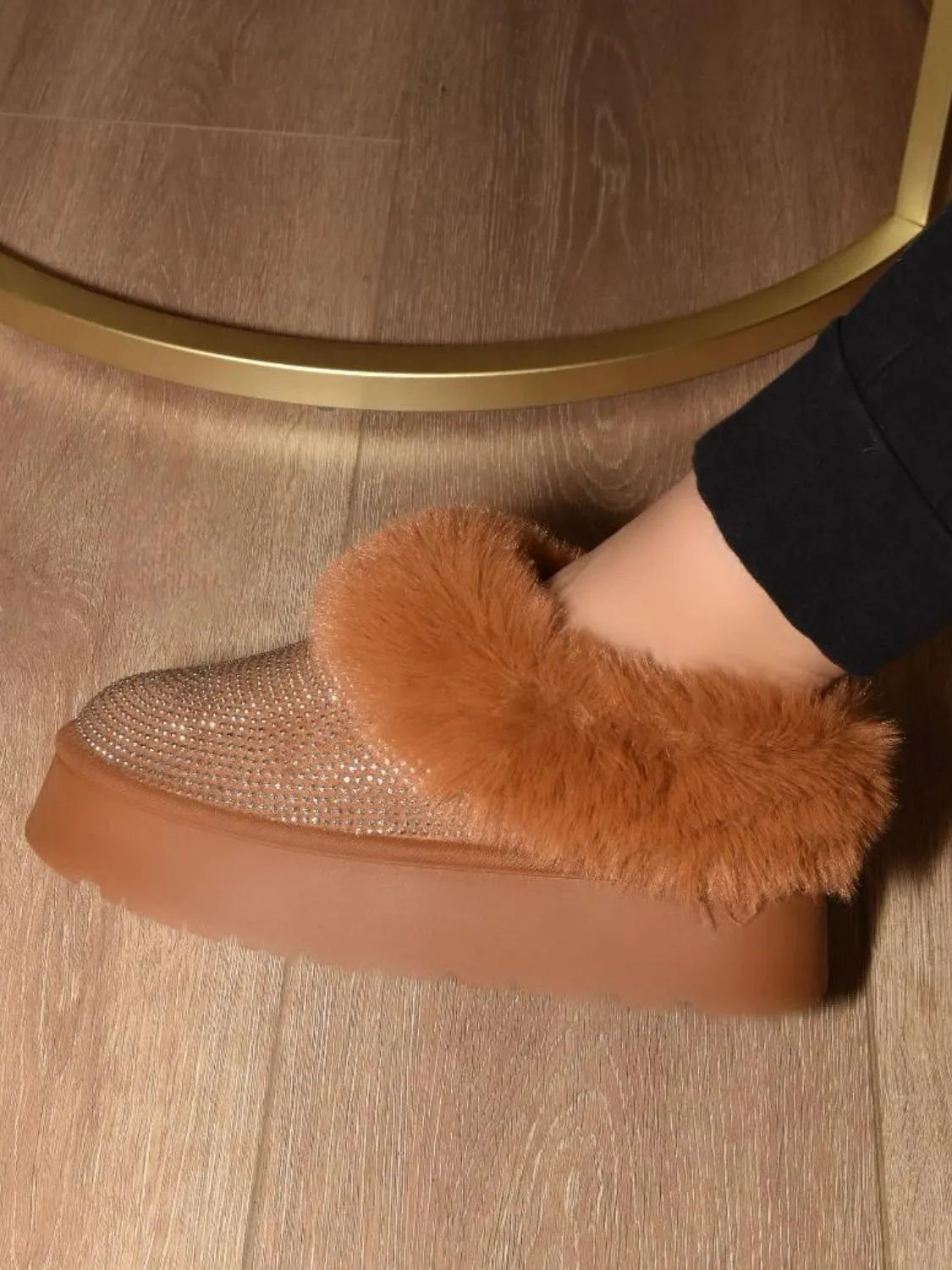 WILD DIVA Embellished Faux Fur Platform Booties - Chestnut