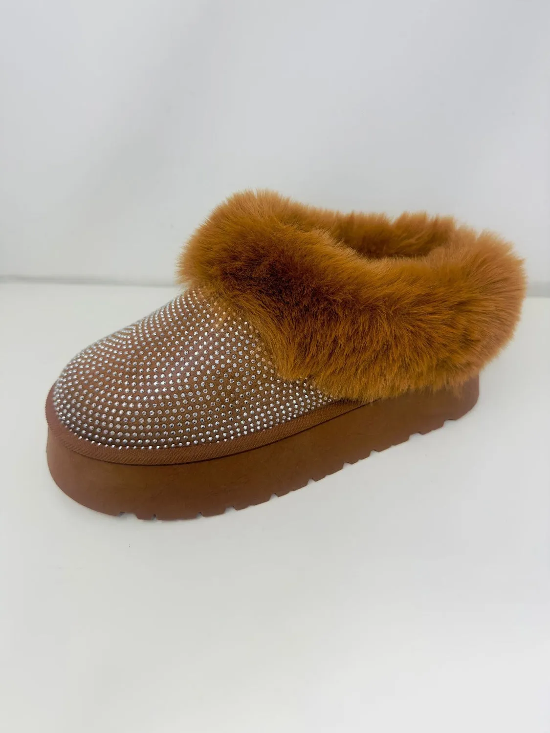 WILD DIVA Embellished Faux Fur Platform Booties - Chestnut