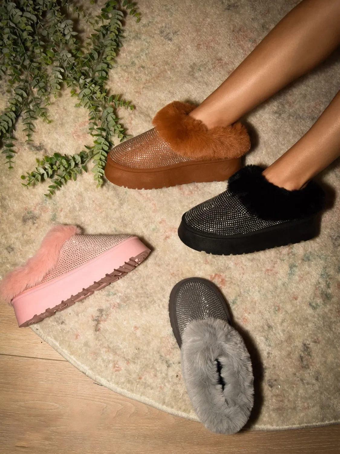 WILD DIVA Embellished Faux Fur Platform Booties - Chestnut