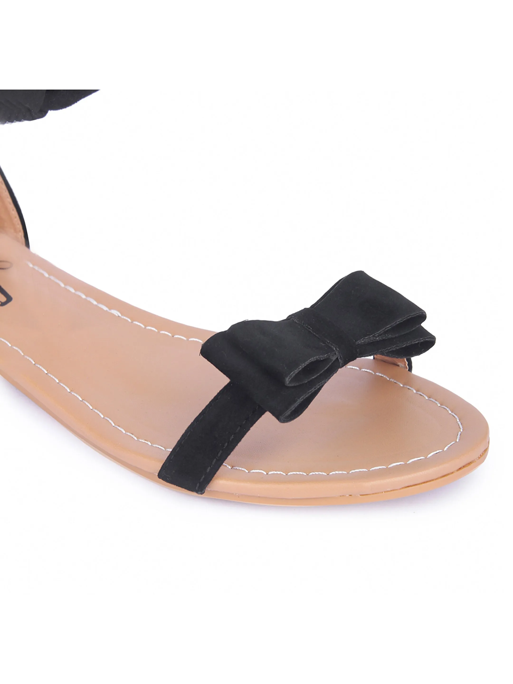 Women Black Suede Bow Tie Up Fashion Sandal