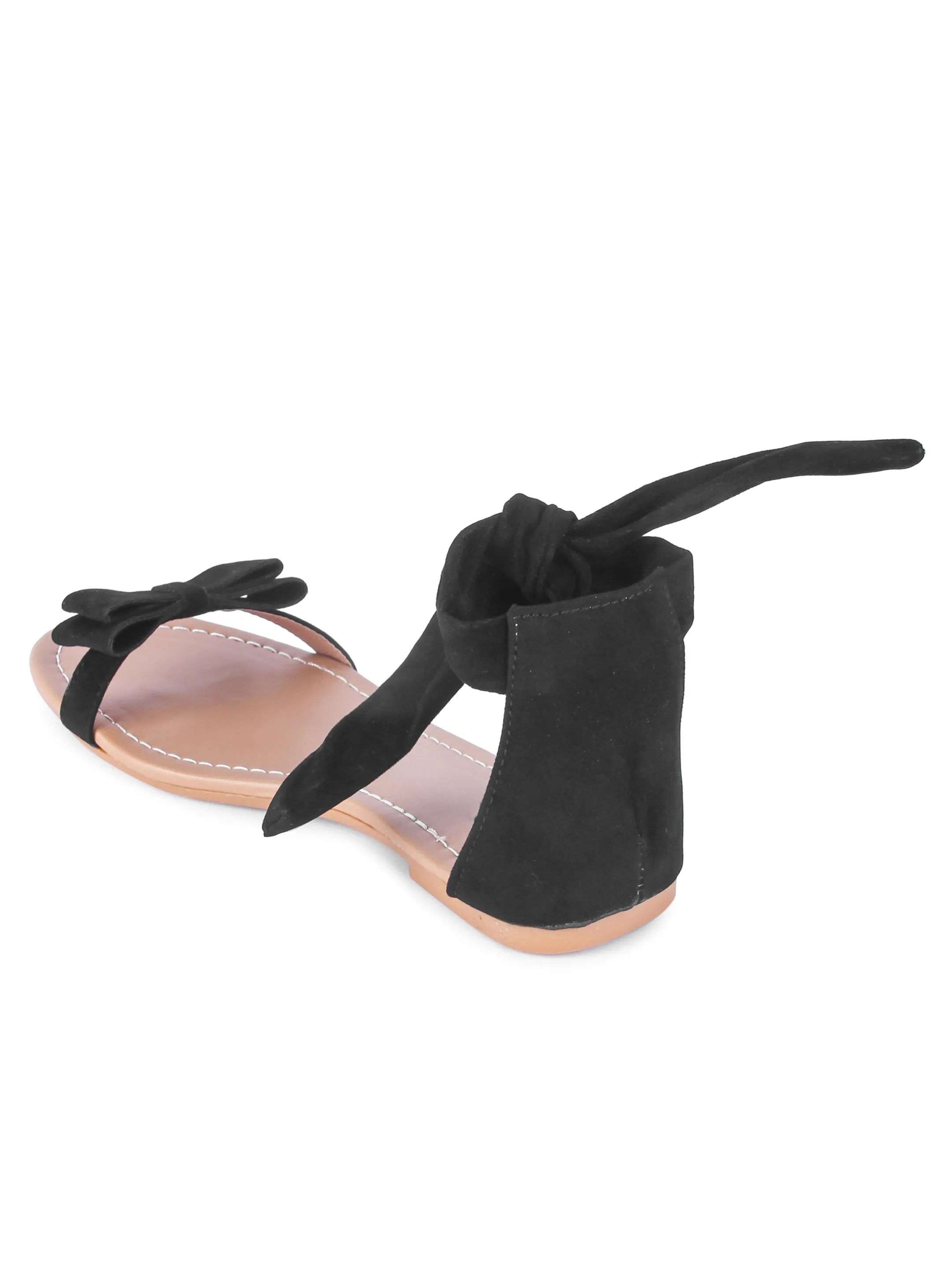 Women Black Suede Bow Tie Up Fashion Sandal