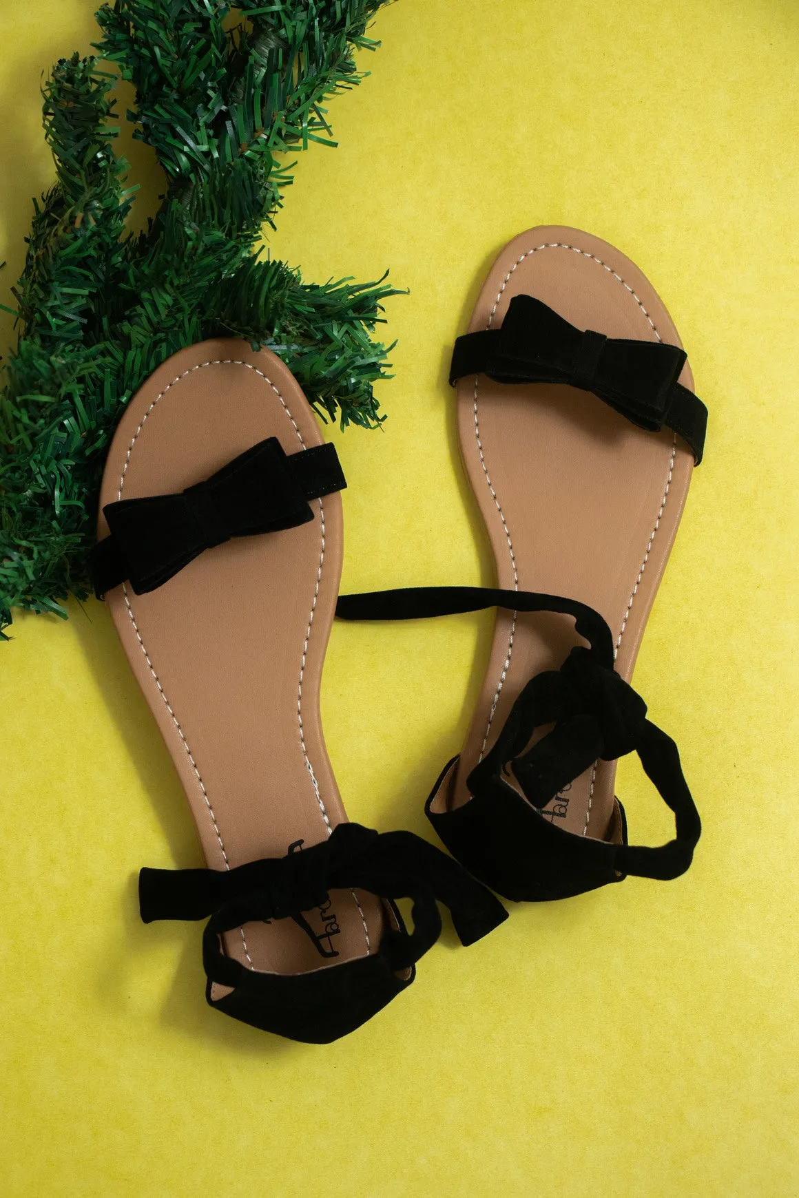 Women Black Suede Bow Tie Up Fashion Sandal