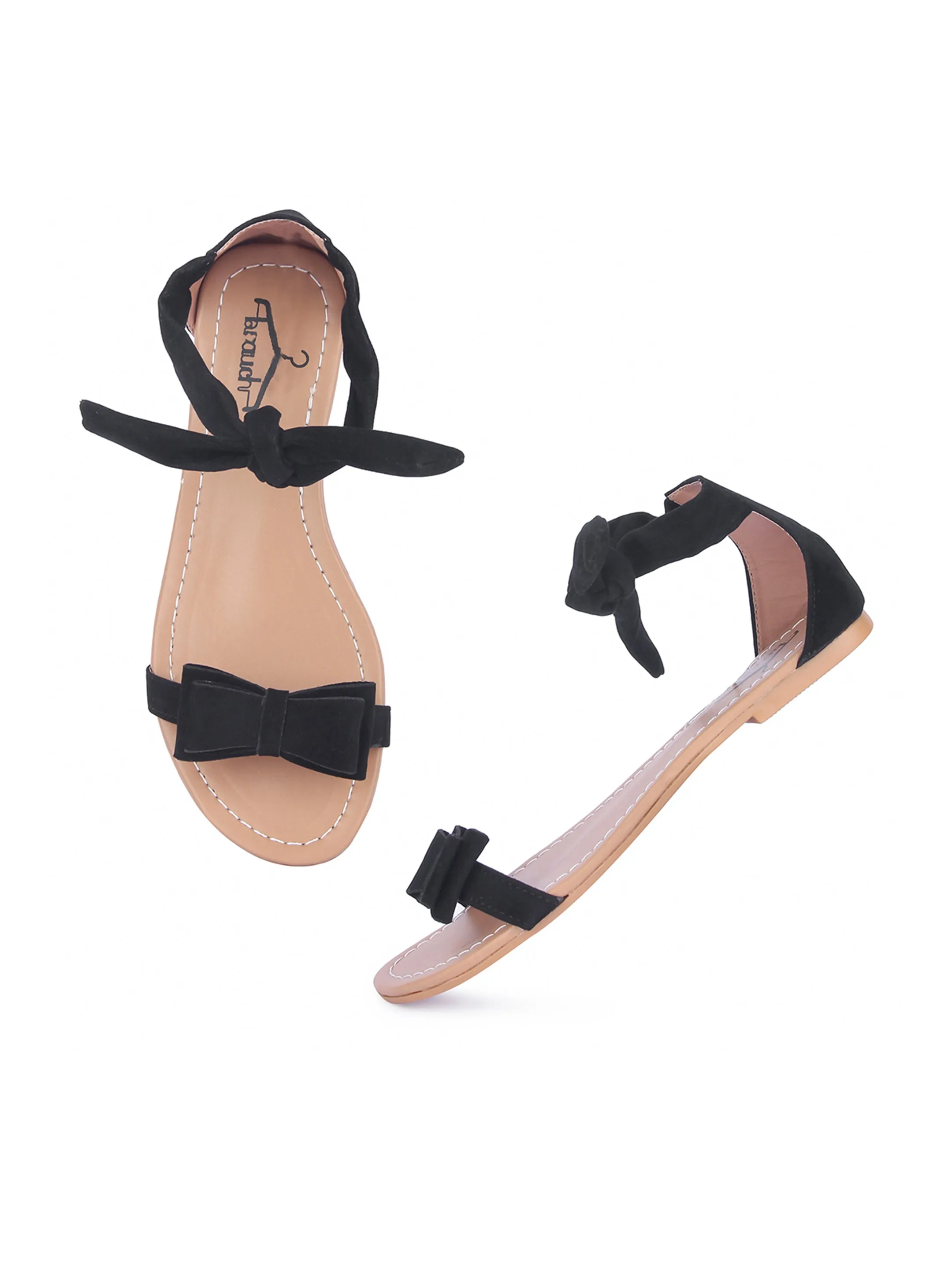 Women Black Suede Bow Tie Up Fashion Sandal