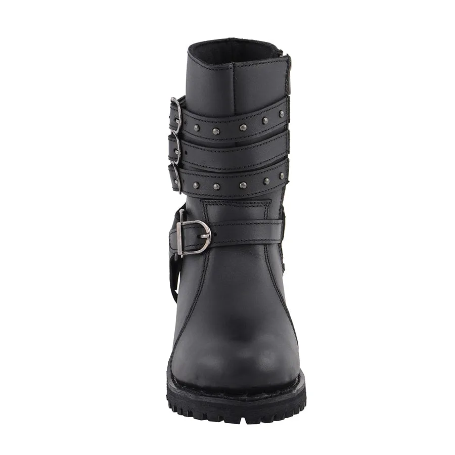 Women’s 9” Triple Buckle Leather Harness Boot W/ Side Zipper Entry