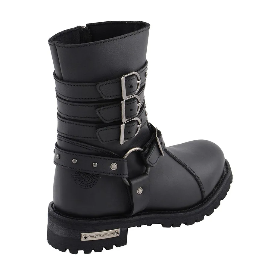 Women’s 9” Triple Buckle Leather Harness Boot W/ Side Zipper Entry