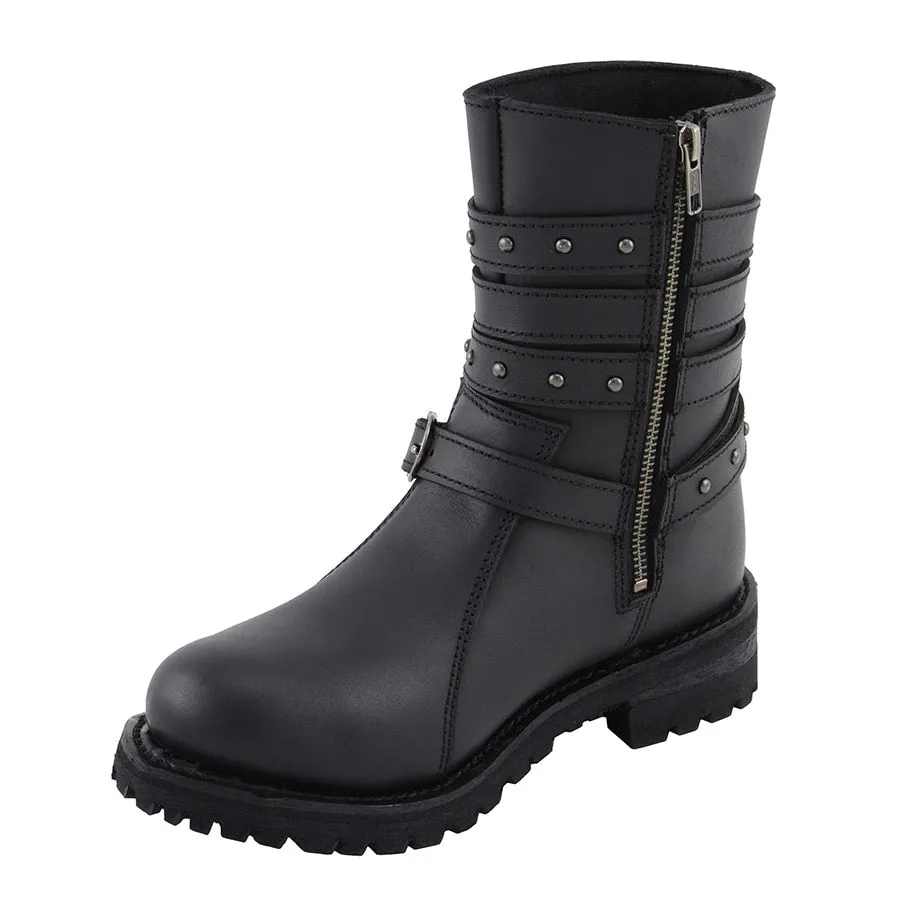 Women’s 9” Triple Buckle Leather Harness Boot W/ Side Zipper Entry