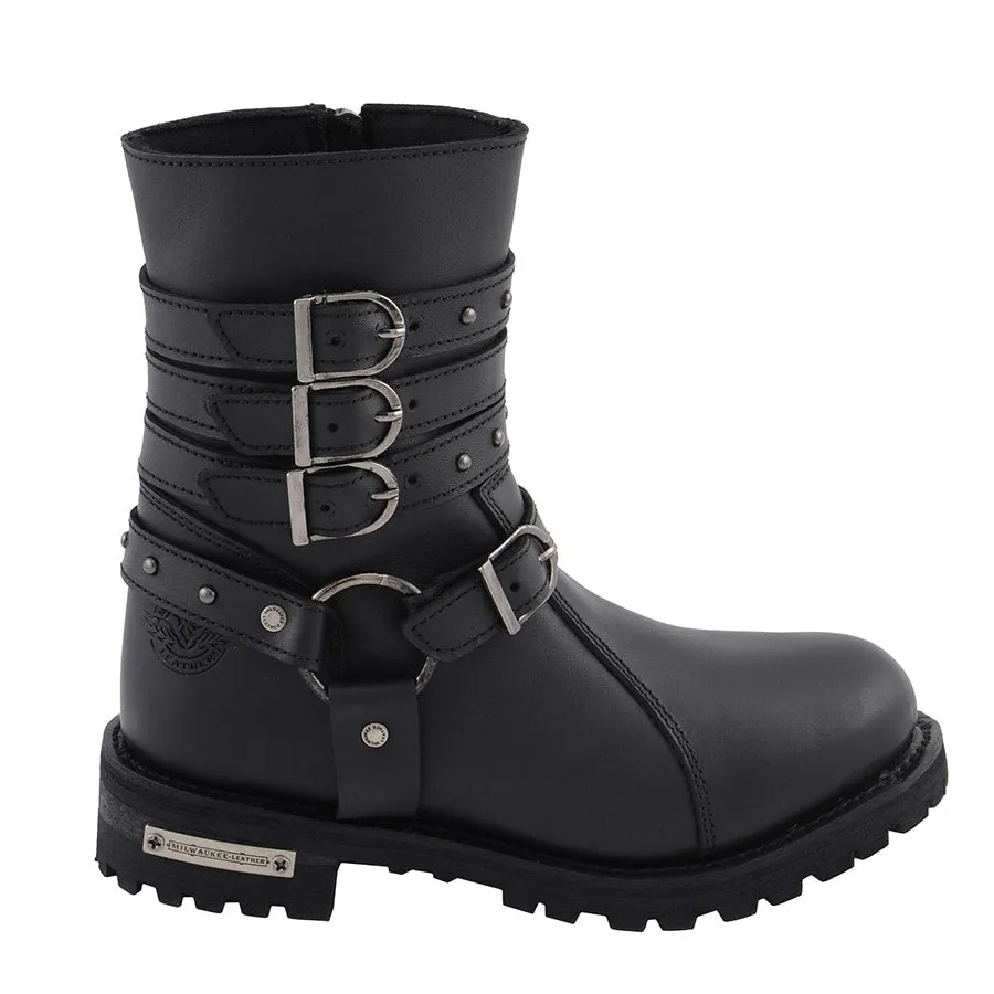 Women’s 9” Triple Buckle Leather Harness Boot W/ Side Zipper Entry