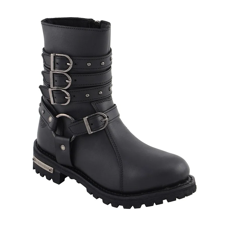 Women’s 9” Triple Buckle Leather Harness Boot W/ Side Zipper Entry