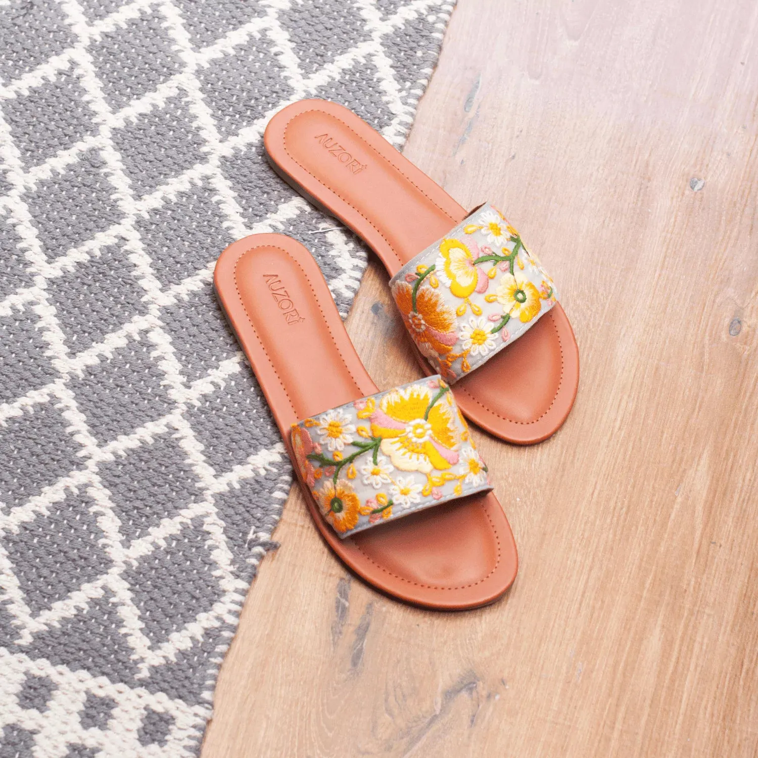 Yellow Floral Embroidered Flats