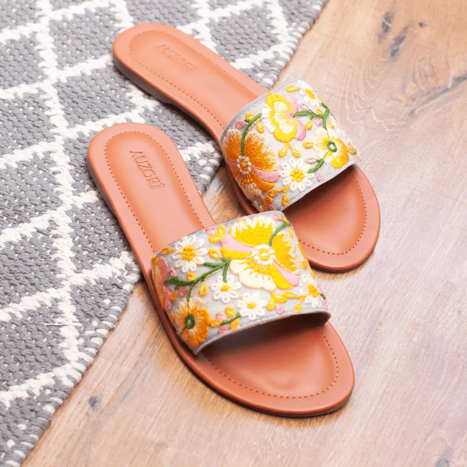 Yellow Floral Embroidered Flats