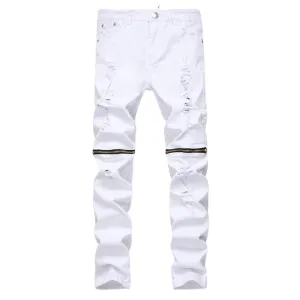 Zipper Elasticity Mid Waist Jeans Straight Pants Skinny Men's Jeans
